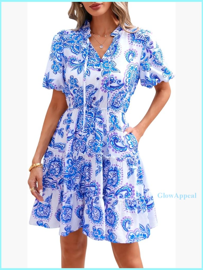 V-Neck Short Sleeve Tiered Ruffle Boho Swing A-Line Mini Dress